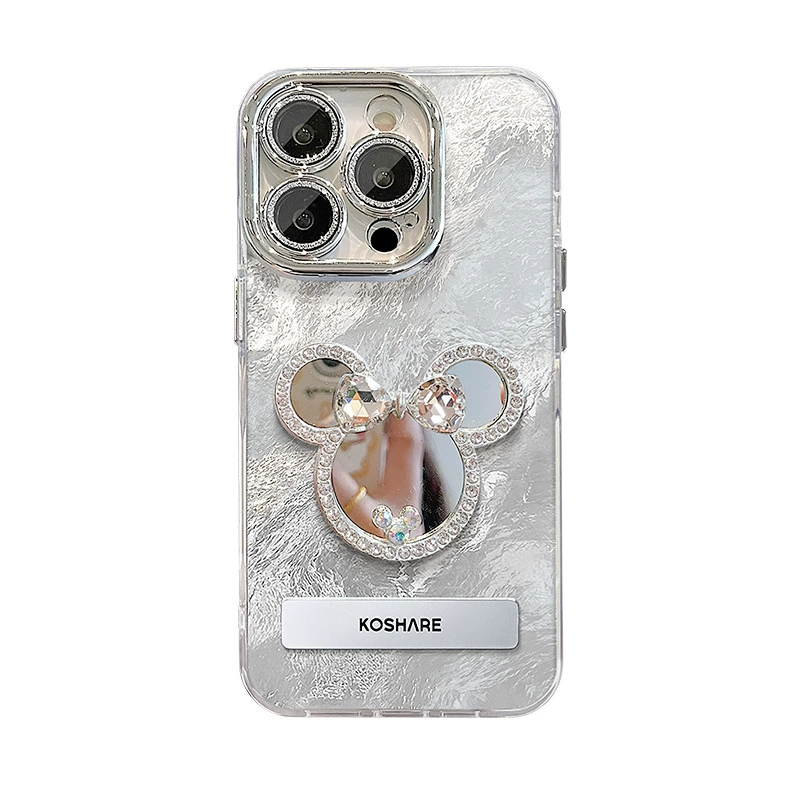 Чехол для телефона (Apple iPhone 11–17) серебристое зеркало Мики с цепочкой и держателем кольца
