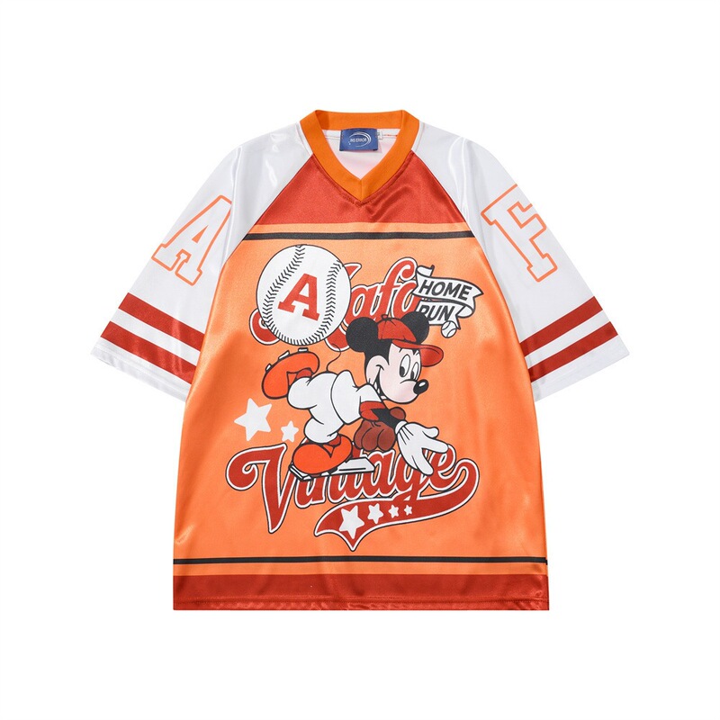 Mickey Hip-Hop Color-Blocking Summer Short-Sleeve T-Shirt for Men with Raglan Sleeves, Cartoon Digital Print, V-Neck, Loose Fit, Street Fashion Mickey Hip-Hop Color-Blocking Summer Short-Sleeve T-Shirt for Men with Raglan Sleeves, Cartoon Digital Print, V-Neck, Loose Fit, Street Fashion
