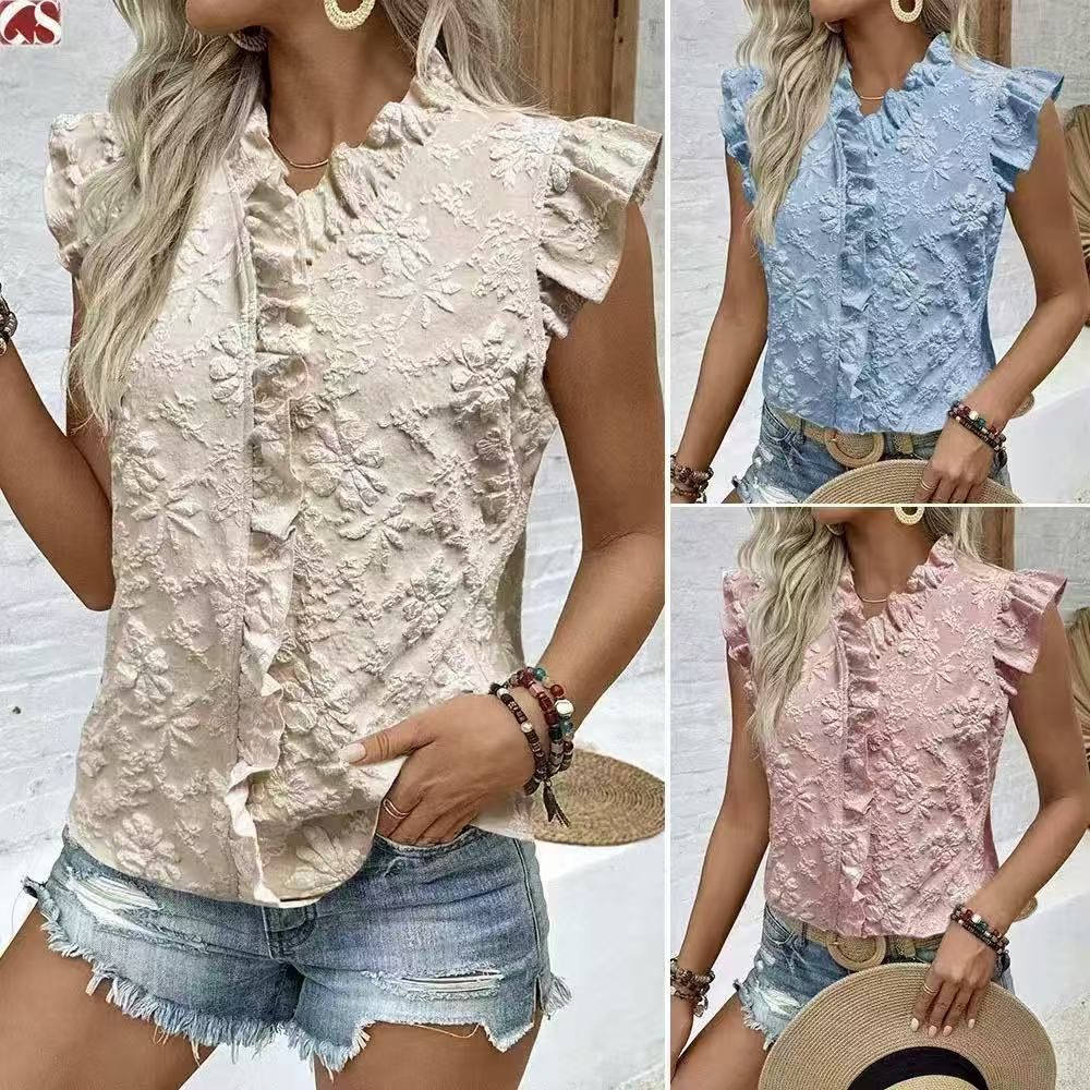 European and American Cross-Border Summer New Jacquard Fashion Design Flutter Sleeve Versatile Cute Washable Top Shirt for Women