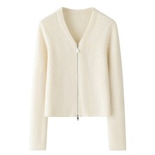 短款12针元宝针V字领纯山羊绒加厚女开衫 双头拉链新款针织衫毛衣