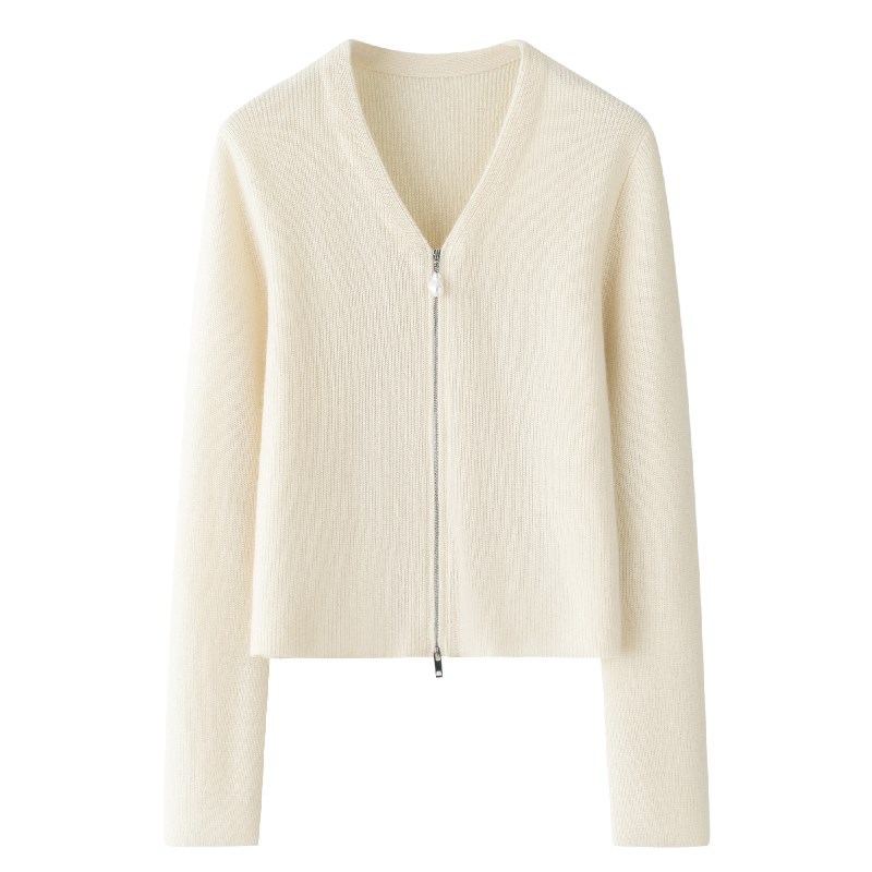 短款12针元宝针V字领纯山羊绒加厚女开衫 双头拉链新款针织衫毛衣