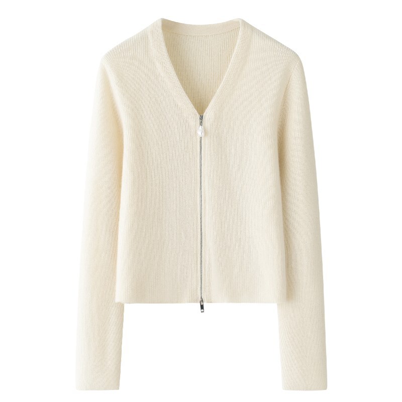 Short 12-pin Yuanbao Needle V-neck Pure Cashmere Thickened Women's Cardigan Double-head Zipper New Knitwear Sweater