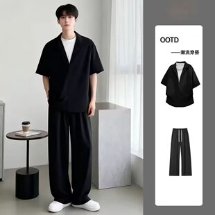 Black set, men's summer shirt, overall, high-quality style
