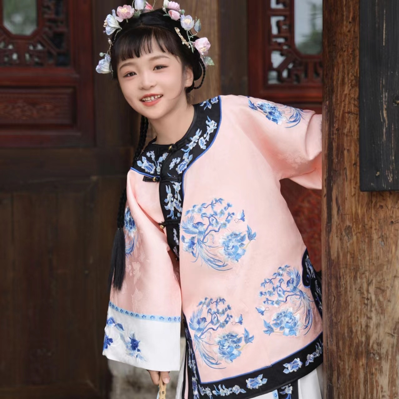 儿童汉服女格格装夏季青花瓷重工花边刺绣套装萌国风中国风新中式