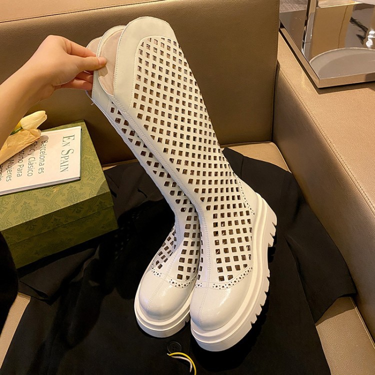 Boot nữ da bò đế dày cổ cao ống lưới — Màu nâu ống lớn, Màu đen cổ ống lớn, Ống nhỏ màu đen, Chu vi ống lớn màu trắng Be chi tiết 13