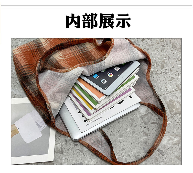 New Korean-style retro versatile and artistic tote bag for women in autumn and winter 2022, thickened woolen checkered pattern, single-shoulder bag undefined