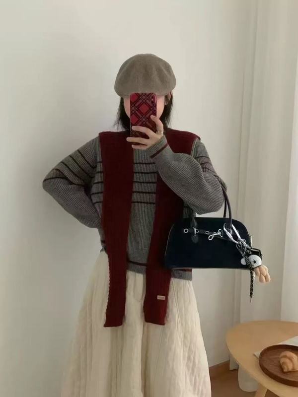 韩版海领围巾慵懒风条纹套头毛衣女宽松设计感针织衫秋冬新款百搭|undefined