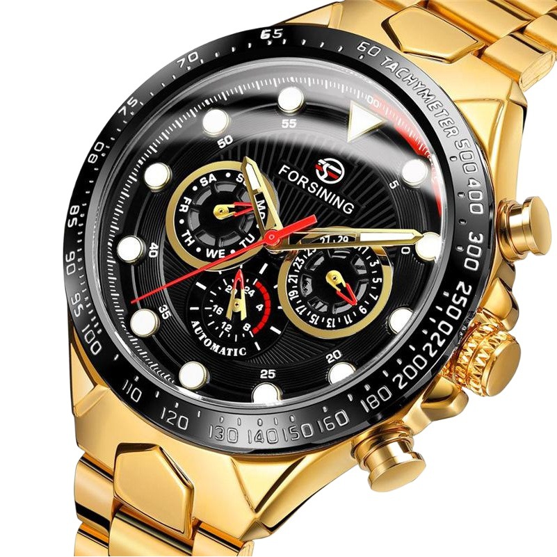 FORSINING fusini hombres moda correa de acero reloj mecánico automático reloj impermeable luminoso de seis pines 432
