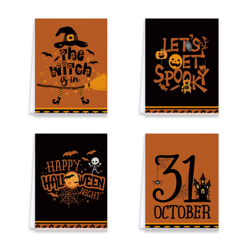 人気のハロウィンコウモリカボチャキッチタオル組み合わせマイクロファイバーホームハンドタオル吸収性ディッシュタオル|undefined