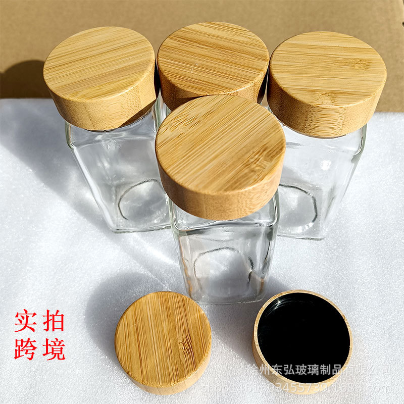 Tapa de madera de bambú condimento botella condimento frasco pequeña botella cuadrada transfronteriza Amazon selección producto con agujero polvo puede vidrio con tapa
