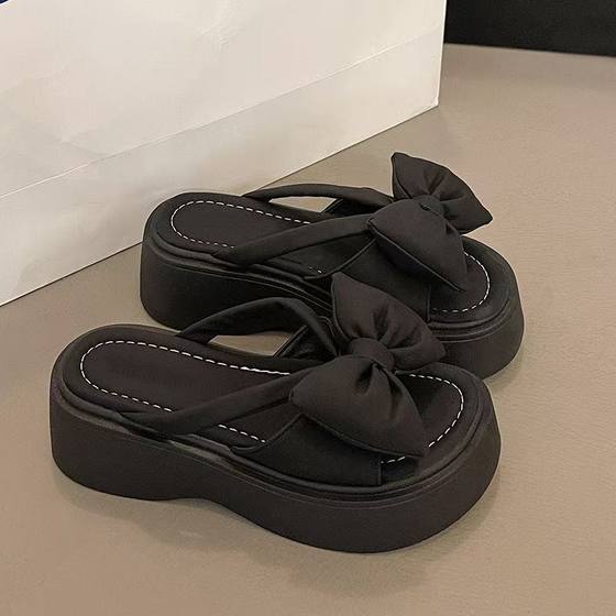 Outwear Fashion Explosions All-match Round-toed Platform Shoes 2024 Summer New Arrival Bow Thick-soled Beach Sandals