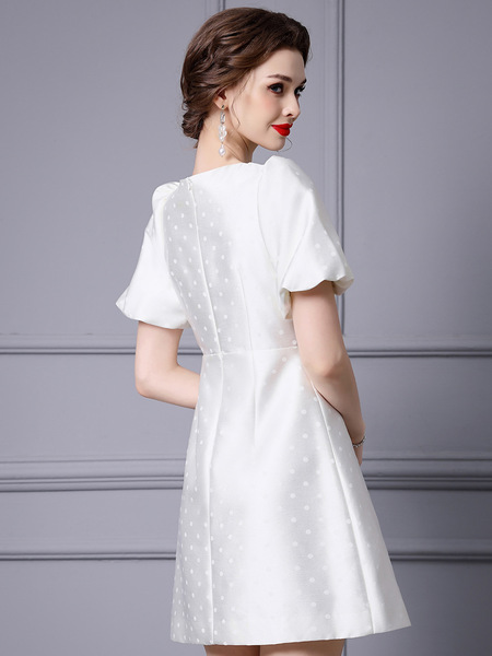 Fashionable and Exquisite Neckline Bow Bubble Sleeve A-line Dress Short Summer