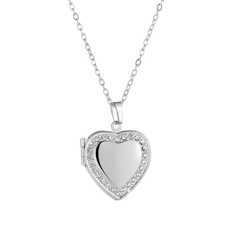 Unisex Gender Inlay Design Sweet Style Wholesale Jewelry Sweet Heart Shape Titanium Steel Rhinestones 18K Gold Plated Inlay Locket Necklace