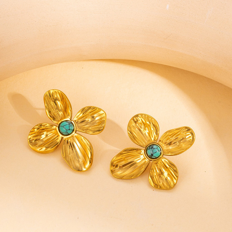 다섯 꽃잎의 꽃 청록색 귀걸이