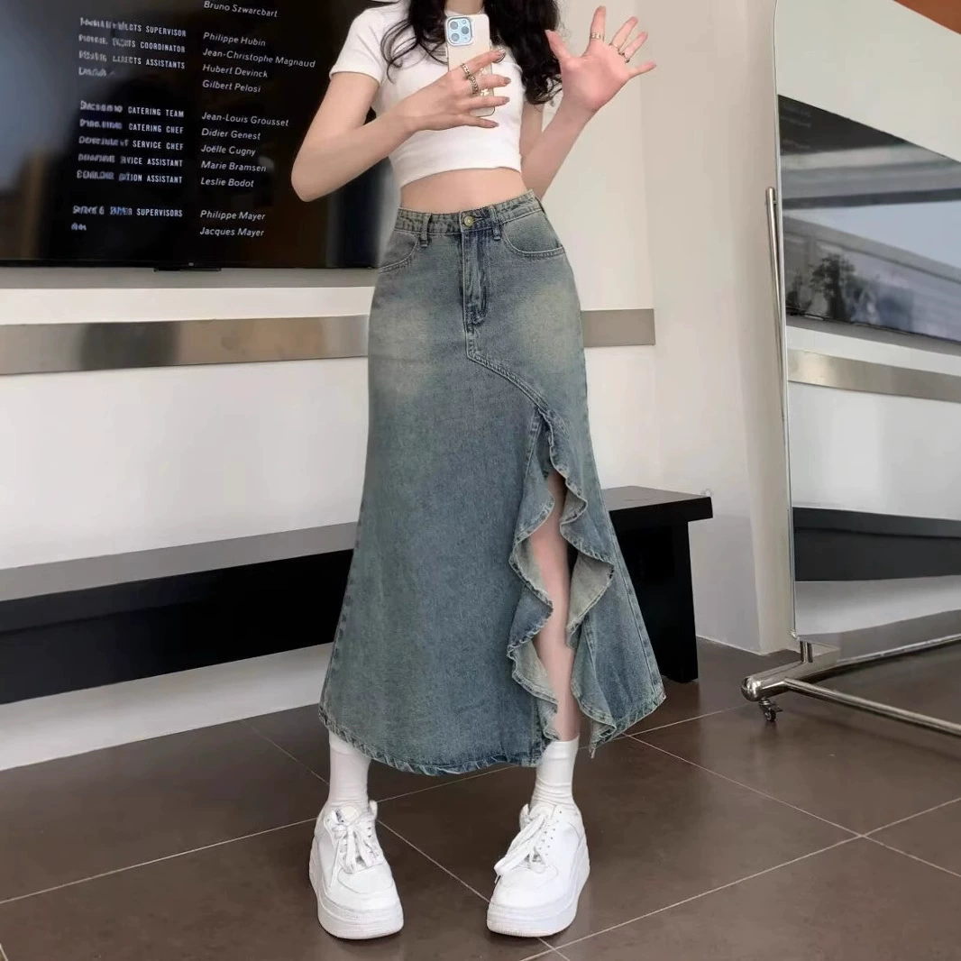 Ретро джинсовая юбка с необработанным краем для женщин, лето 2024, новый стиль, маленькая юбка-карандаш с высокой талией, юбка-рыбка средней длины