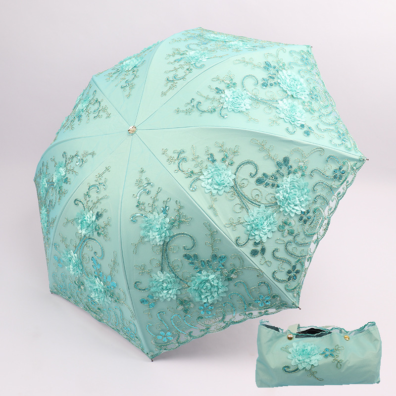 Double-Layer Lace Black Vinyl Parasol Handbag with Embroidery, Dual-Use for Sun and Rain, Uv Protection, Vintage Style Umbrella