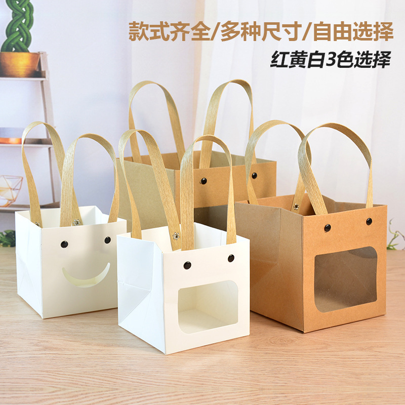 Transparent Window Gift Bag Kraft Paper Bag Square Handbag Succulent Potted Holiday Flower Gift Bag Wholesale