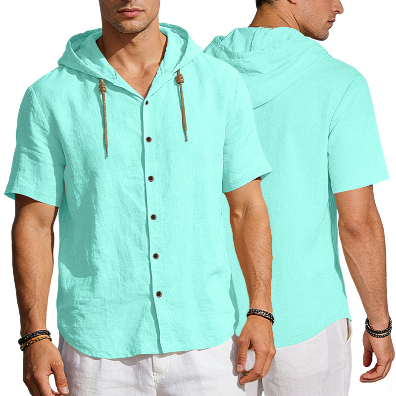 Camisa de lino con capucha para hombre, estilo europeo y americano, transfronteriza, de Amazon, con botones, fina, de verano, informal, de manga corta.