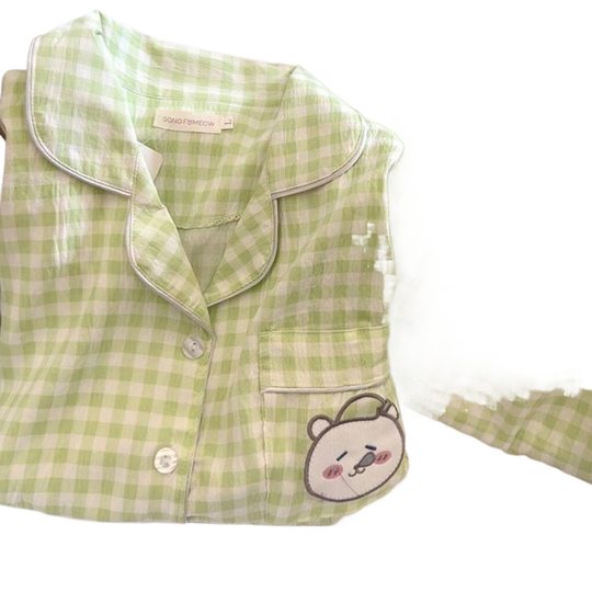 Plaid Self-deprecating Bear Pajamas Women's Summer New Short-sleeved Shorts Japanese Style Cute Student Home Clothes suit Outer Wear