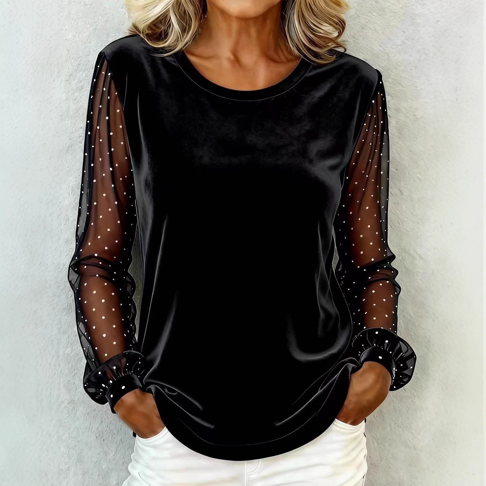 Elegant Women's Long Sleeve Velvet Top with Lace Trim round Neck T-Shirt for Casual Wear_ecoleips.com