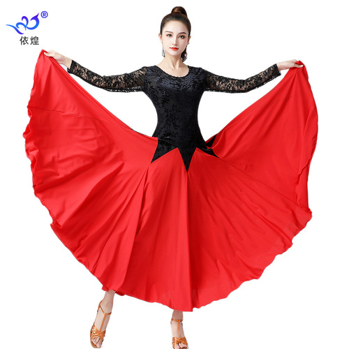 black red royal blue purple flower lace Modern ballroom dancing dress for women girls practice long-sleeved lace dress waltz tango foxtrot performance costume