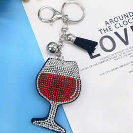 创意韩国绒镶钻红酒杯钥匙链烫钻烫图钥匙扣纪念日小礼物