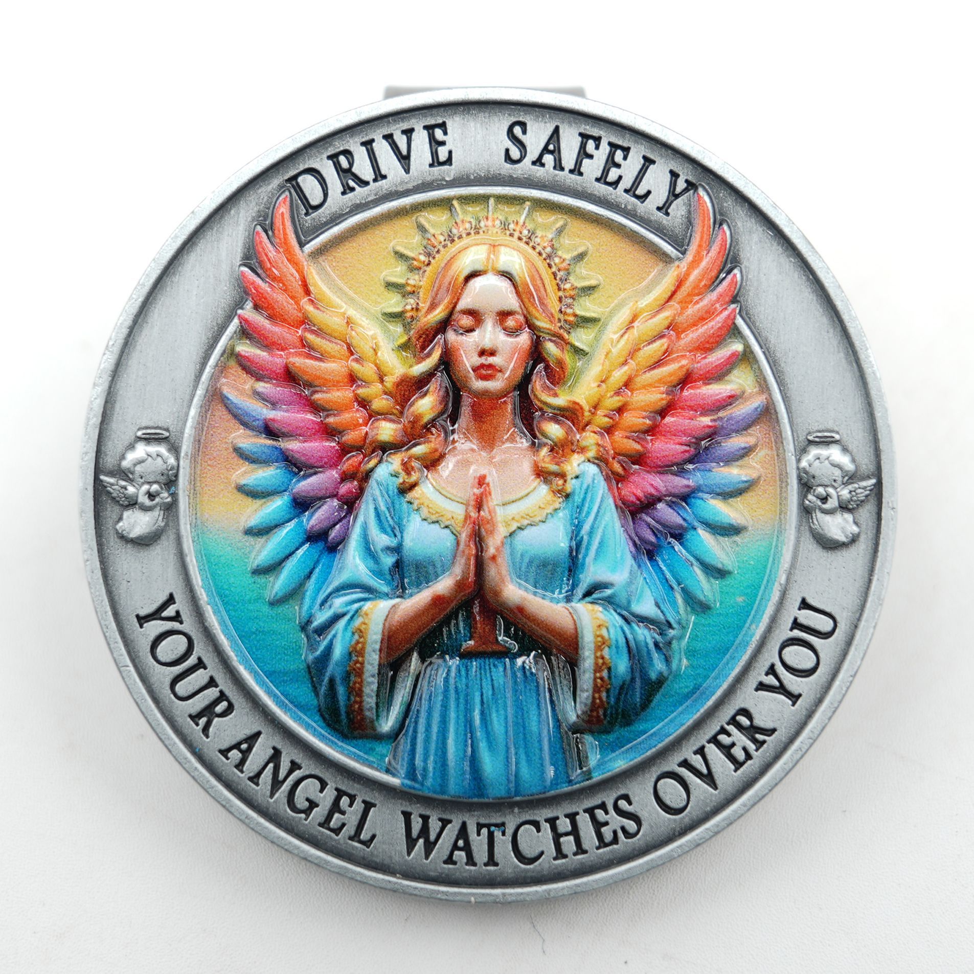Jz34 Metal Car Sun Visor Clip, Guardian Angel Religious Pattern Car Ticket Holder, Creative Car Accessory
