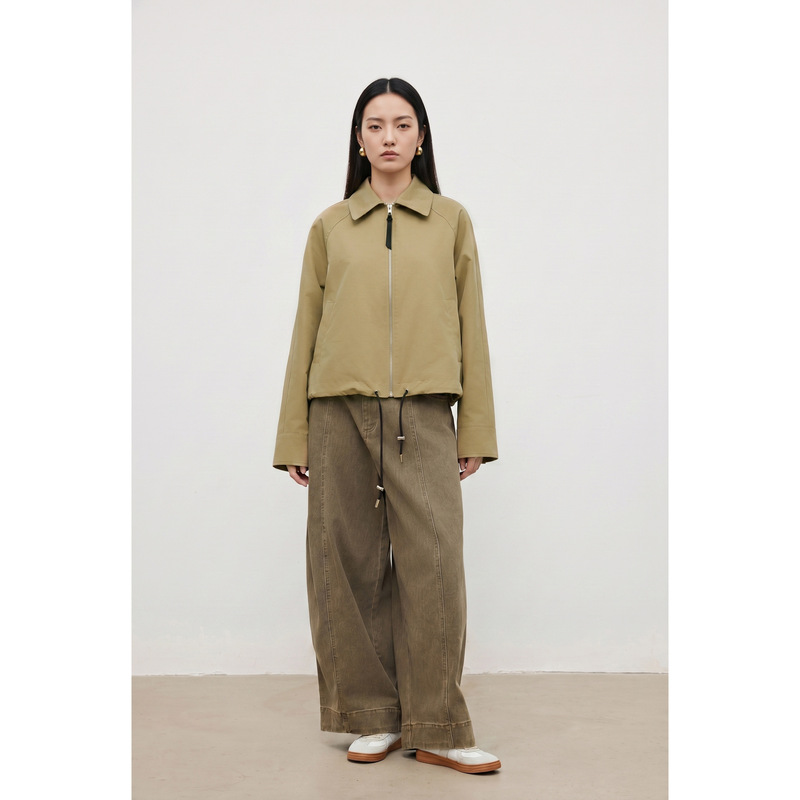 2026 Autumn/Winter Collection Lapel Collar Khaki Drawstring Hem Cotton Short Windbreaker Jacket for Women