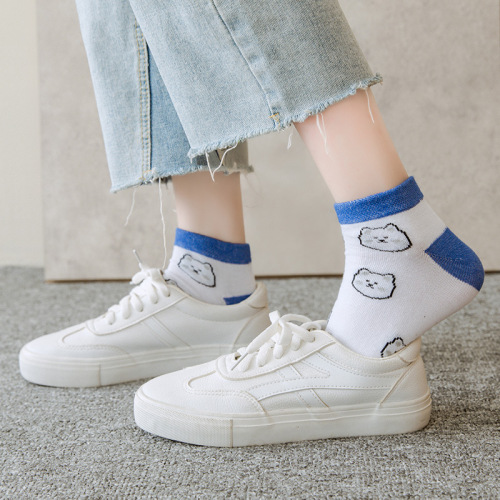 Girly Cute Blue Bear Shallow Mouth Breathable Socks Female Spring Student Fashion Cartoon Sweat-Absorbent Low-top Socks