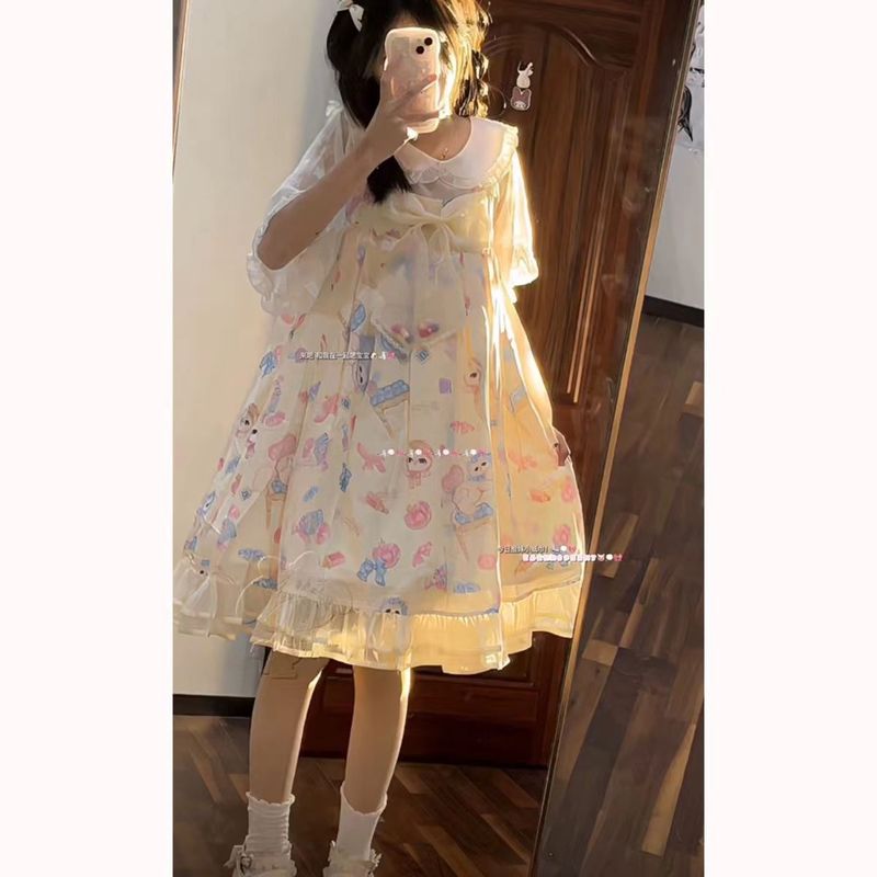 女子学生向けサマースーツ ベビードールカラーシャツ+かわいいリボン白メッシュサスペンダースカート 2点セット/単品|undefined