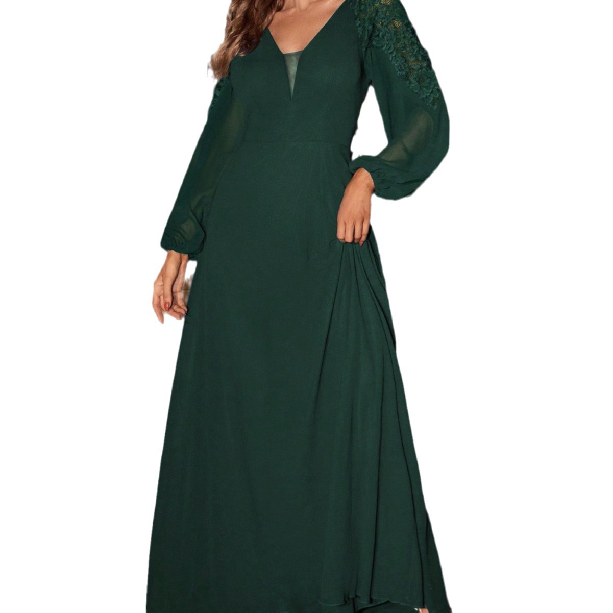 Comercio exterior estilo francés vestido atmósfera reina gasa manga larga profundo V cremallera grande backless fregona vestido largo vestido