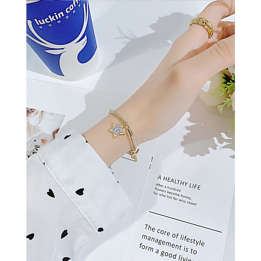 Sweet Star Moon Stainless Steel Artificial Pearl Bracelets Layered Zircon Stainless Steel Bracelets