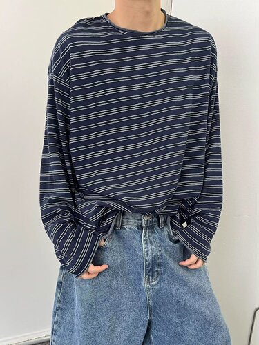 Autumn and Spring Thin American Retro Fringe Crew Neck Striped Long Sleeve T-Shirt for Men Casual Loose Base Shirt Top Trendy