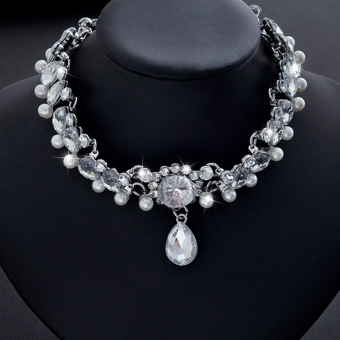 Pearl Choker Necklace, Bridal Crystal Drop, European city style, Silver or Gold finish