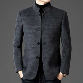 2024秋冬毛呢男士格子大衣商务潮流立领轻奢时尚双面呢羊毛外套