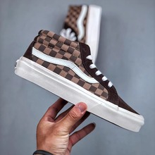 万斯 Sk8-Hi 棕色棋盘格中帮男女帆布鞋休闲翻毛皮拼接滑板鞋情侣