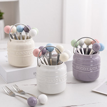 ins水果叉套装甜品叉子收纳罐儿童304不锈钢水果签创意ktv小叉子