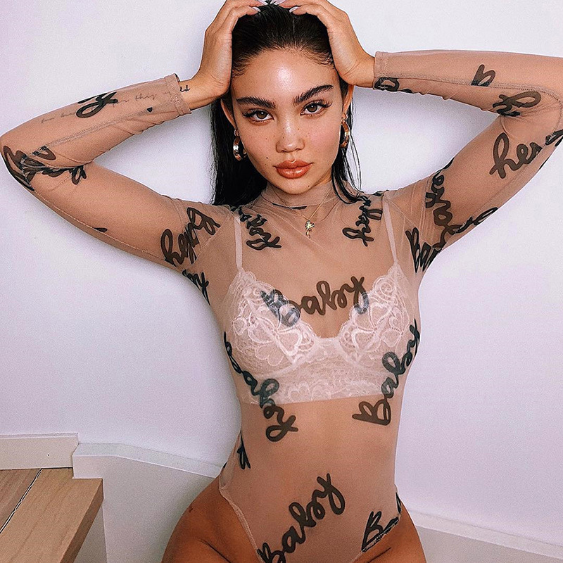 Estilo europeo y americano 2023 verano nuevas mujeres cuello redondo manga larga Camiseta ver-a través de malla sexy mono Delgado
