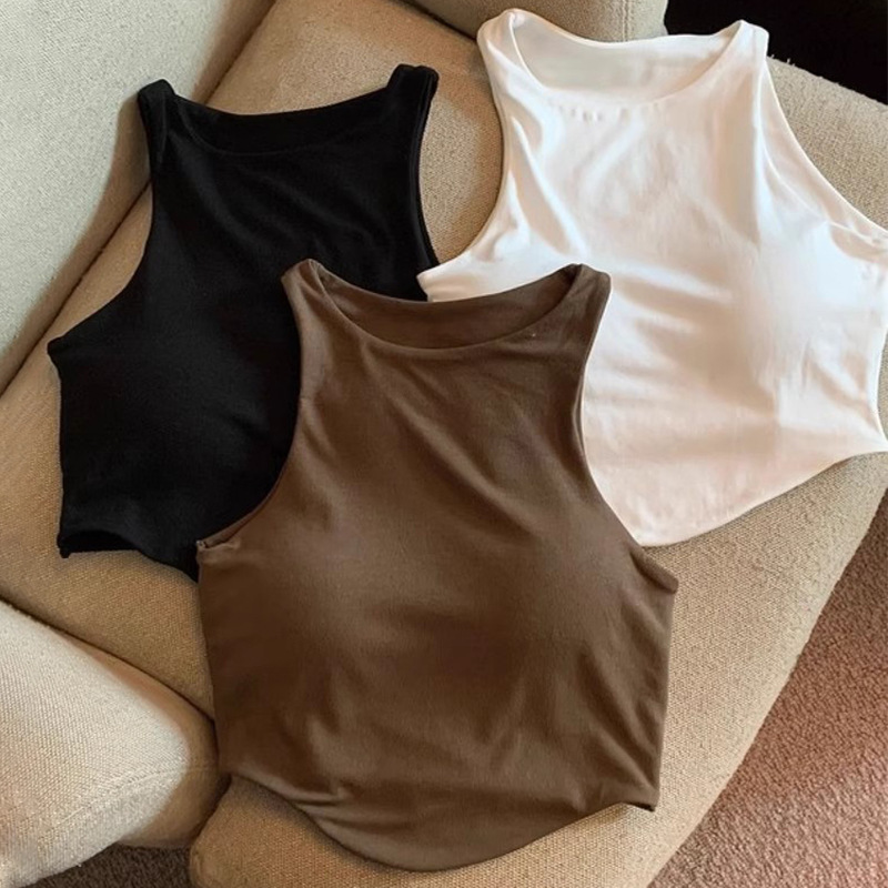 Women's Niche Simple One-piece Sling Back Solid Color Base Shirt Short Hot Girl Sleeveless Top with Chest Pad