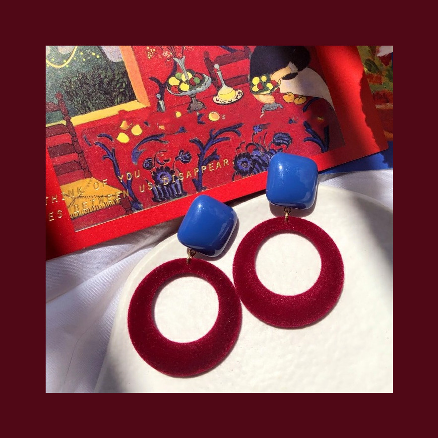 复古酒红色新款韩国个性丝绒质感气质百搭简约植绒撞色耳环耳夹