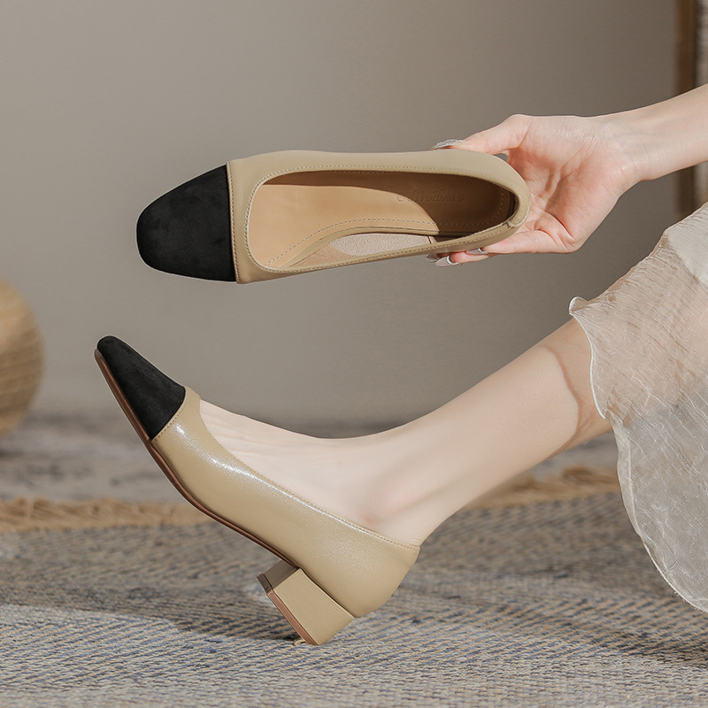 羊皮拼色小香风粗跟单鞋女春秋2024新款凉鞋中跟瓢鞋法式高跟鞋子