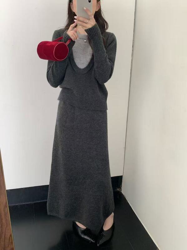 秋冬新款韩系假两件套头针织衫上衣搭配显瘦高腰半身裙两件套装女|undefined
