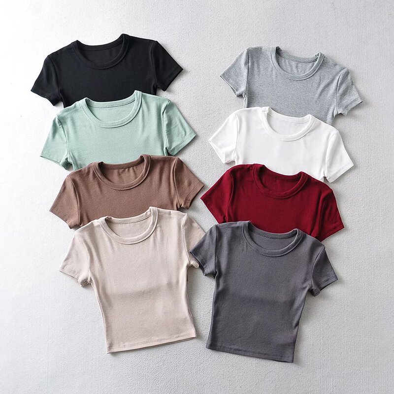 173-2022 Spring New Style Korean Style Small Round Neck Short-Sleeved Plain Solid Color Short Wide-Brimmed T-Shirt for Women