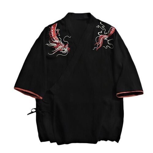 Chinese-style Men's Straight Collar T-shirt, V-neck, Five-finger Sleeve, Loose Large Size Top with Dragon Pattern Embroidery, Cotton-Linen Modern Hanfu Adaptation
