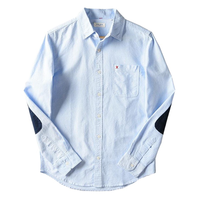 Camisa tejida Oxford de manga larga para hombre Camisa japonesa de algodón retro para hombre Camisa de codo para hombre