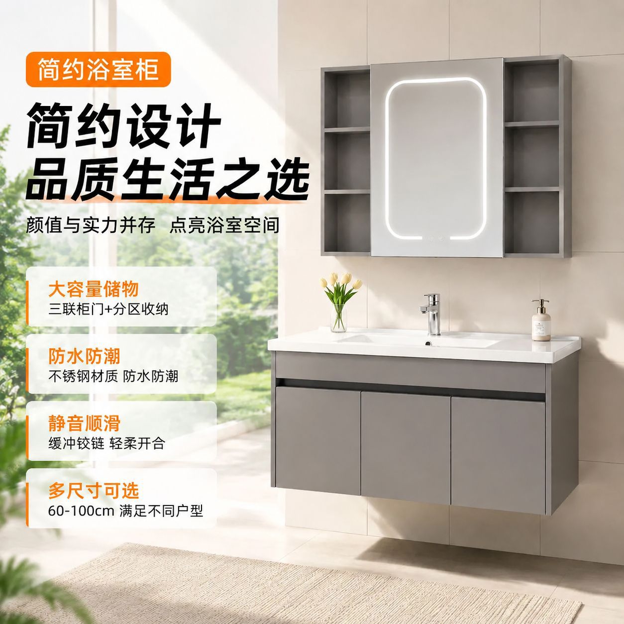 Mueble de Baño con Lavabo de Acero Inoxidable y Cerámica, Desempañado Inteligente, Suspendido de Pared, para Baño image 1
