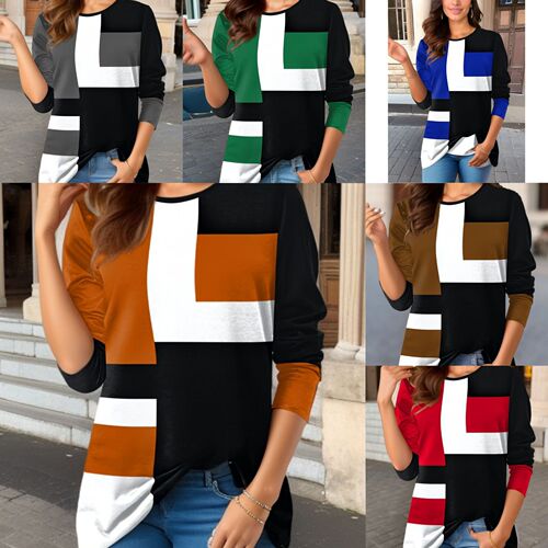 New European and American women's clothing: New Wish geometric color-block long-sleeved T-shirt