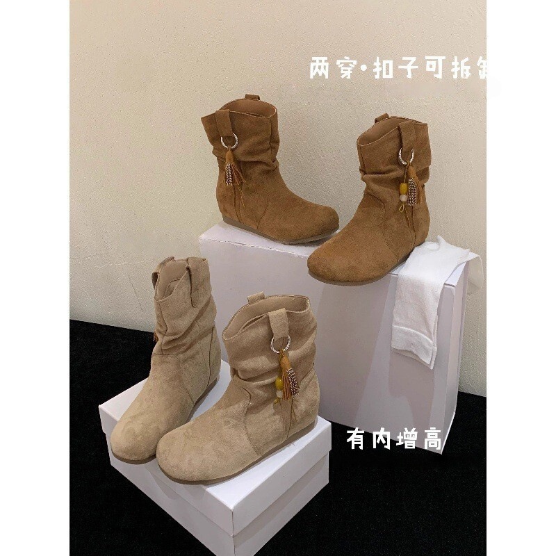 2025新款内增高勃肯短靴女鞋靴子秋冬绒面堆堆靴流苏马丁靴小个子|undefined