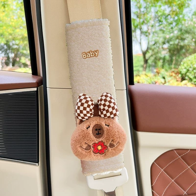 Seat belt shoulder pad | Carto Kappi Barra car seat - bow-rich-flower-capibala-teddy-velvet-shoulder-pads-1-beige