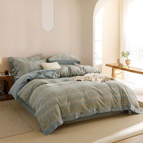 High-end thickened brushed│button-style four-piece set of pure cotton sheets and duvet covers, retro American-style high-end bedding